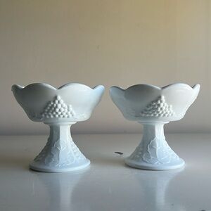 Vintage Indiana Pair of 2 White Milk Glass Grape Harvest Candle Stick Holders
